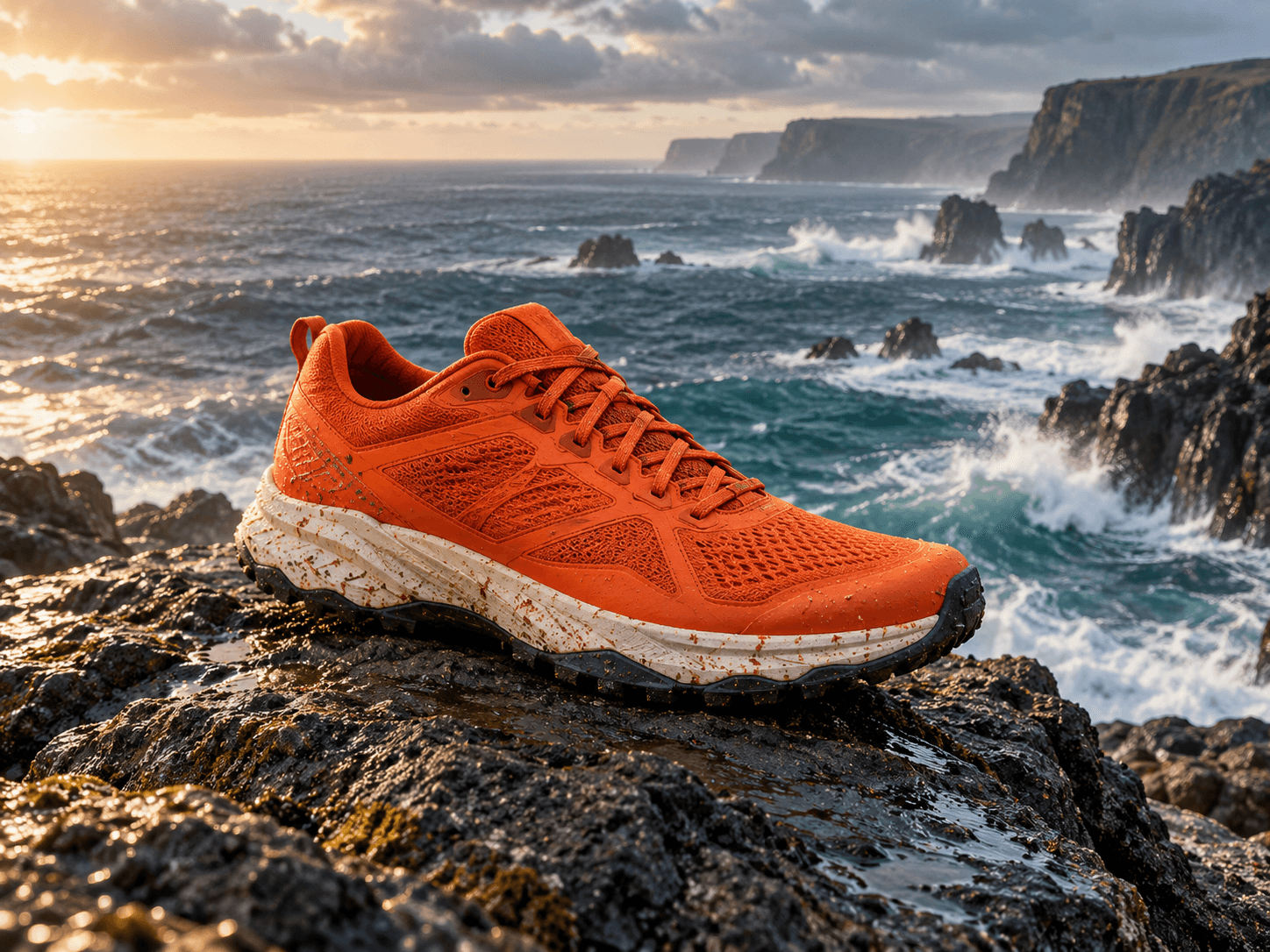 Orange trail shoe on wet black coastal rock, with breaking waves and a sunset