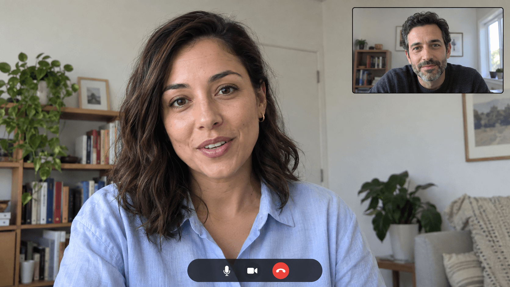 Original illustrative remote interview frame with a woman speaking and one interviewer in a small tile at the upper right.