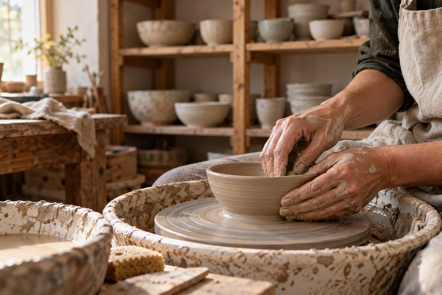 Generated photograph of a potter shaping a bowl in a sunlit ceramics studio.