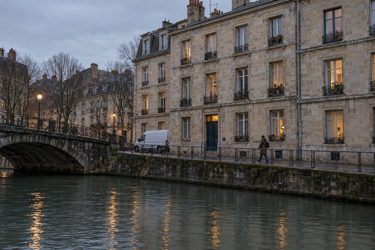 Original illustrative canal-side building at dusk with lit windows and calm water, without fire or smoke.