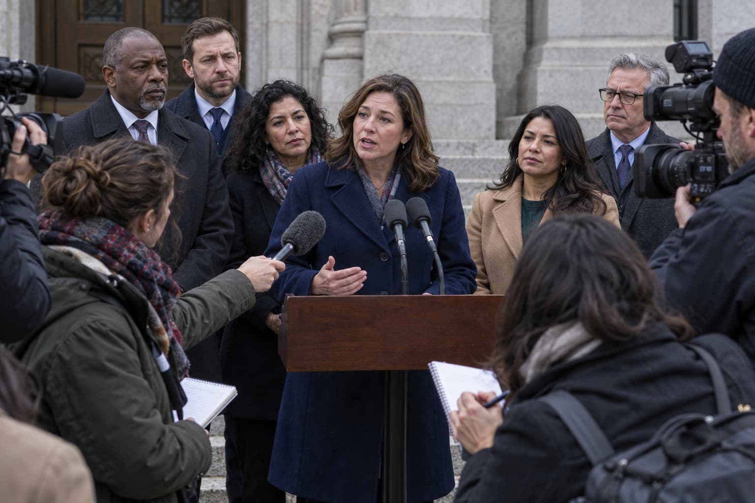 Original illustrative press briefing outside a civic building, with a speaker and attendees behind her.