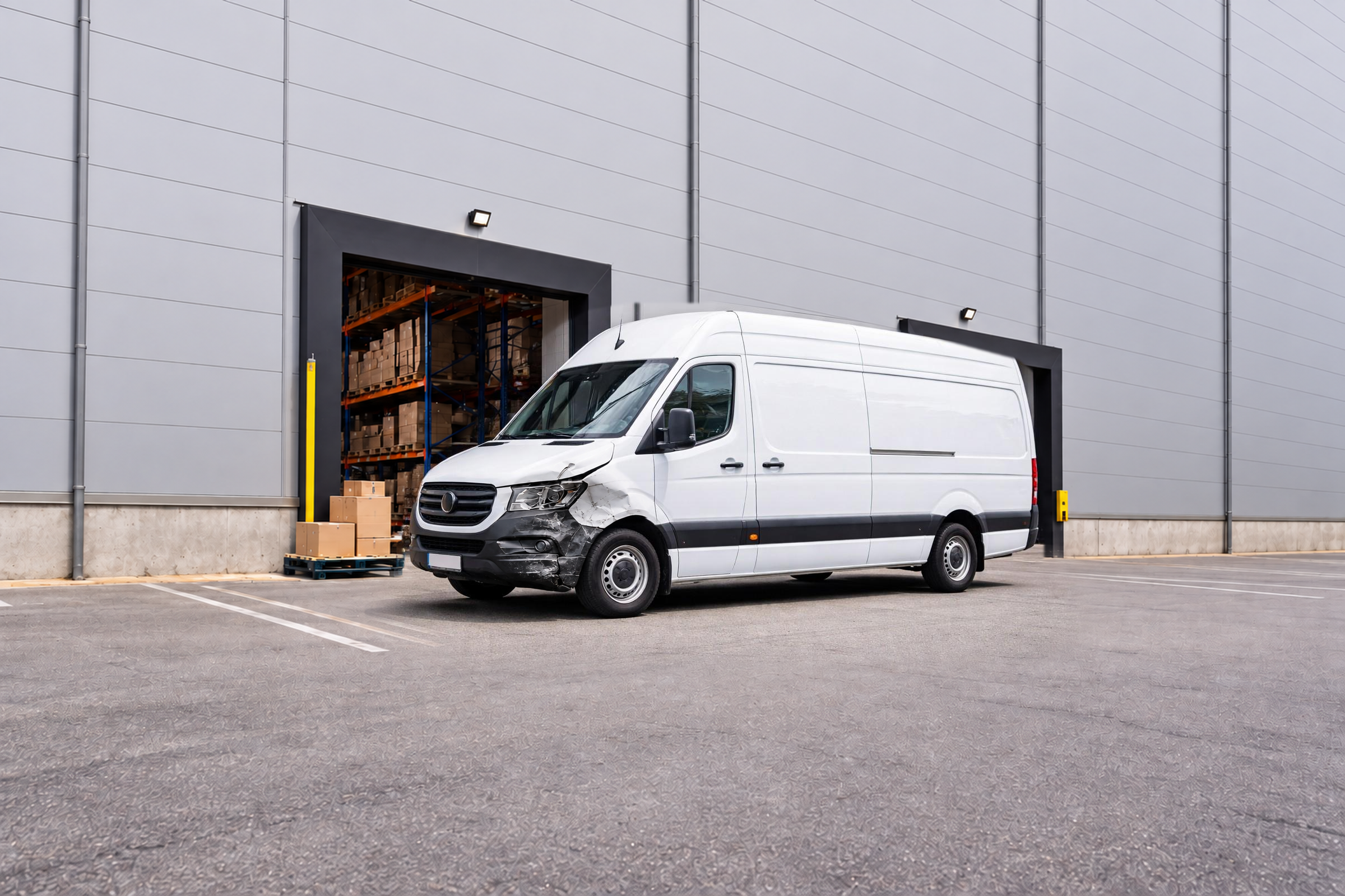 Illustrative edit of the same van showing localized front-panel damage