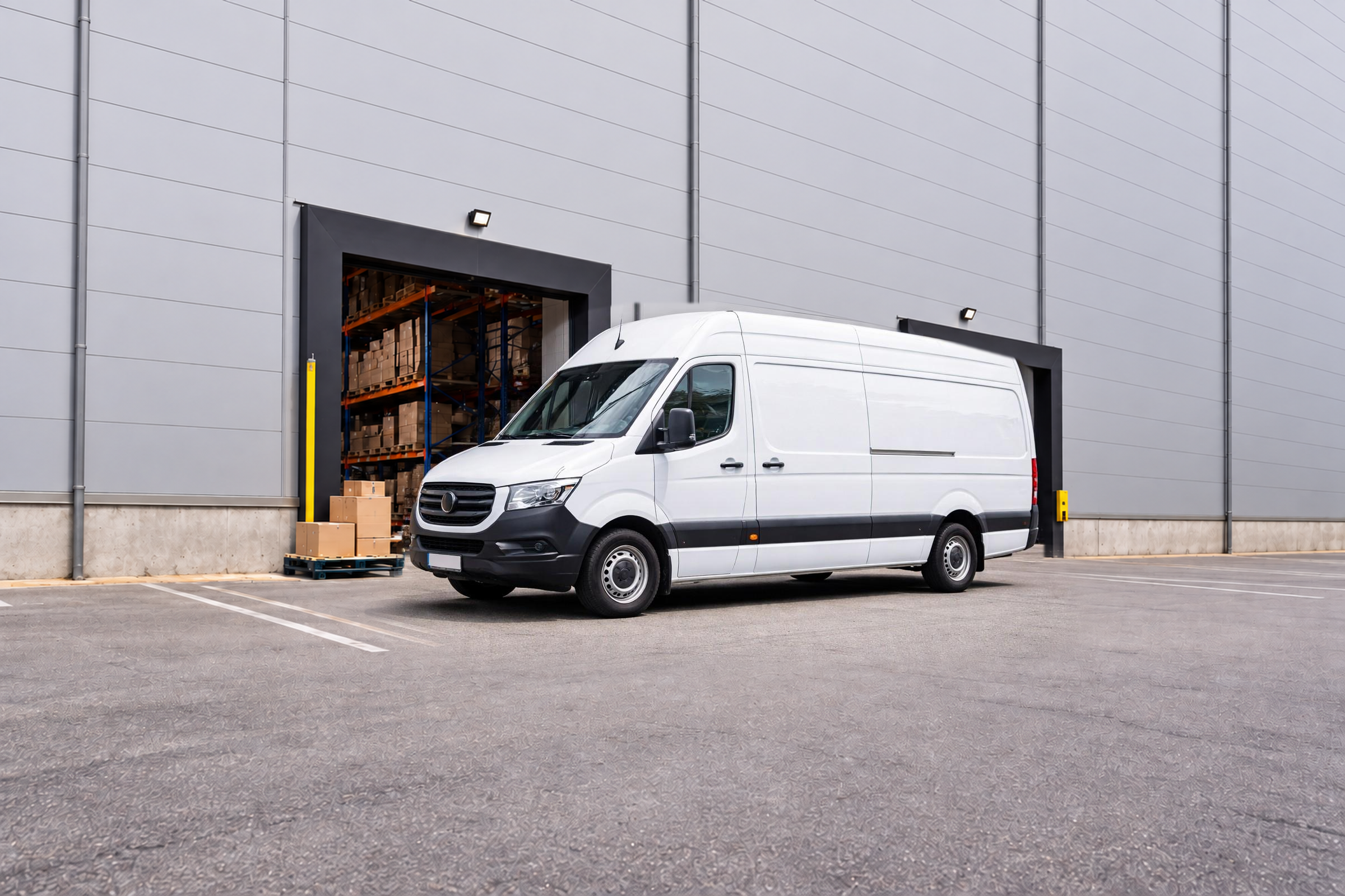 Original prepared photograph of a white delivery van outside a warehouse