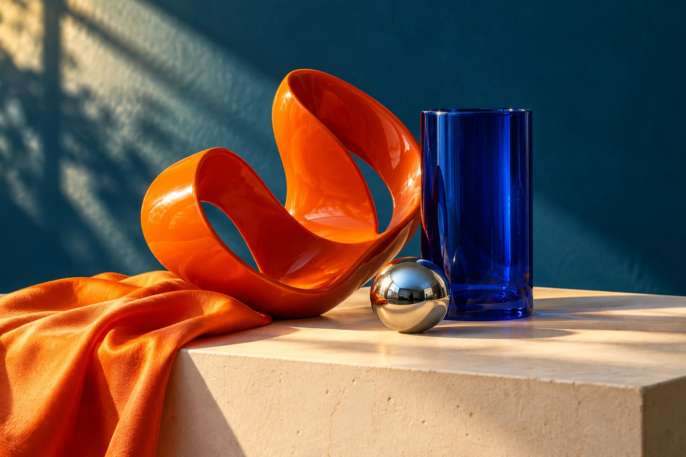 A shared campaign image of ceramic forms, a blue glass and a metal sphere