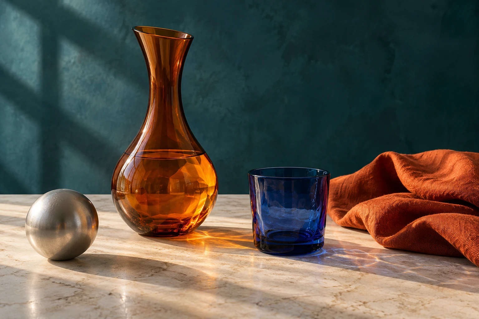 Illustrative studio campaign image of glassware and fabric.