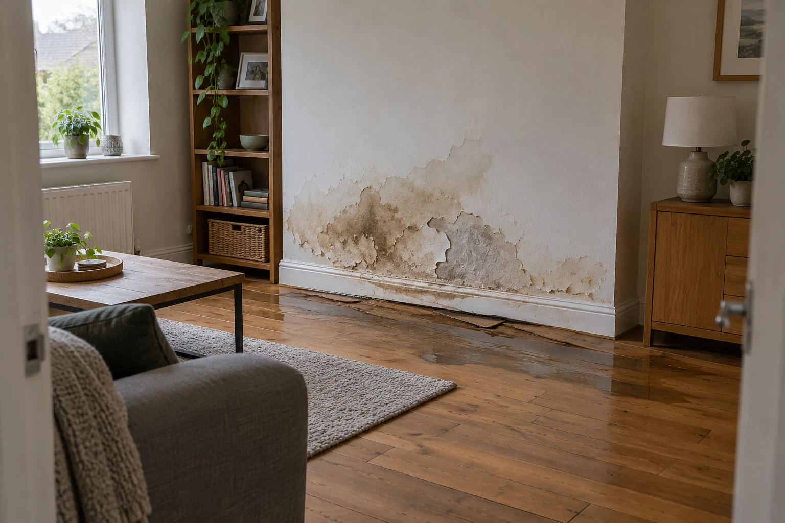 Water-stained, peeling wall and warped flooring in a living room.