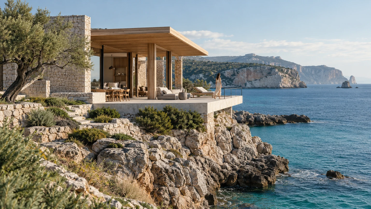Illustrative property listing showing a coastal home and view.